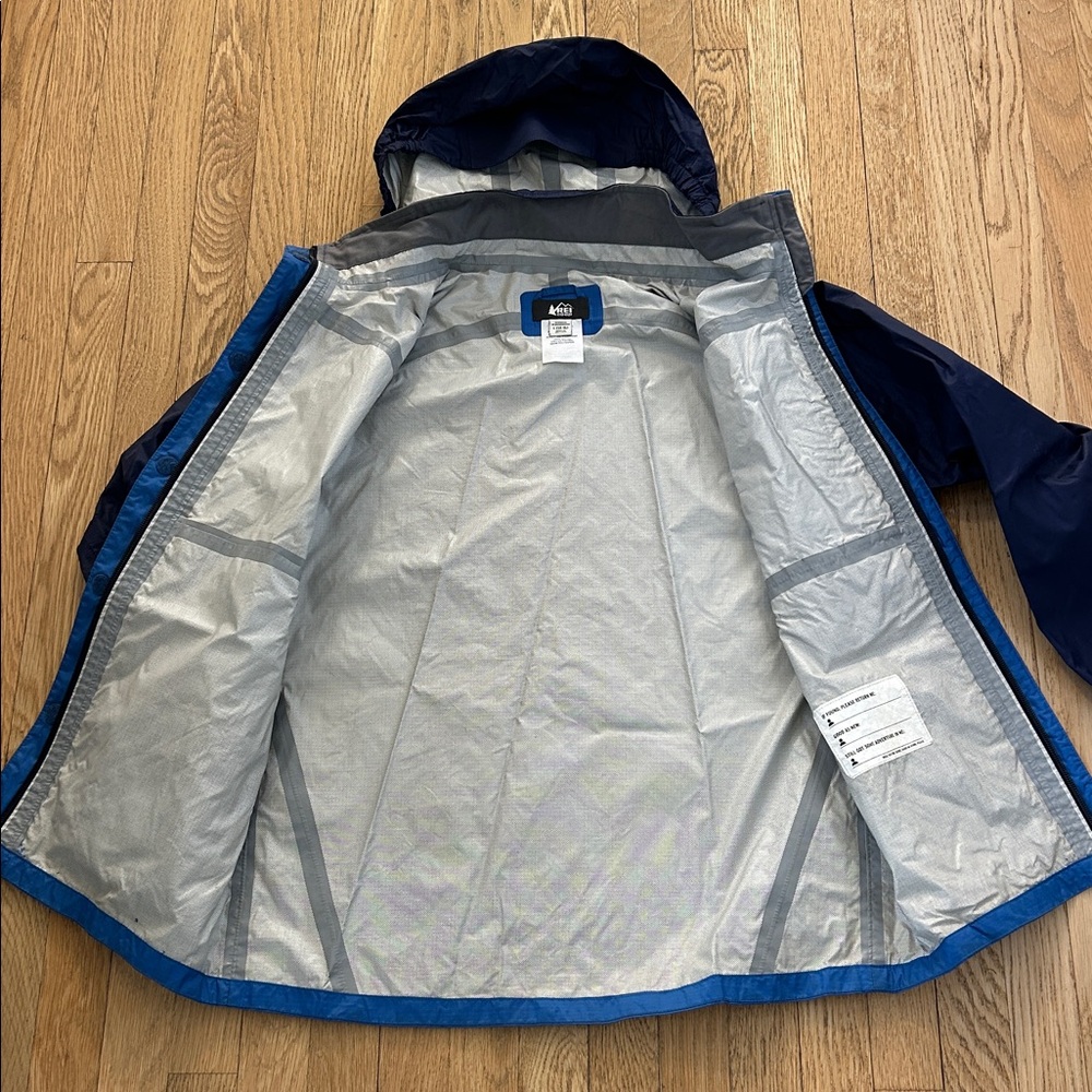 REI COOP Two-Tone Blue Hooded rain Jacket size large (14-16) - Picture 8 of 12